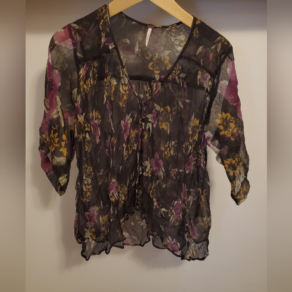Free People Sheer Floral Blouse in Black, Purple, Yellow